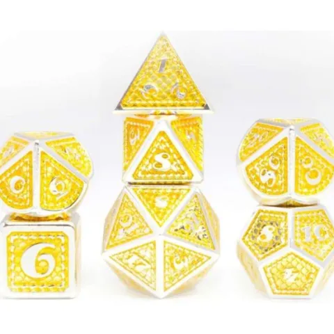 Galactic Dice Premium Dice Sets - Gold & Silver Metal Scales Set of 7 Dice with Tin