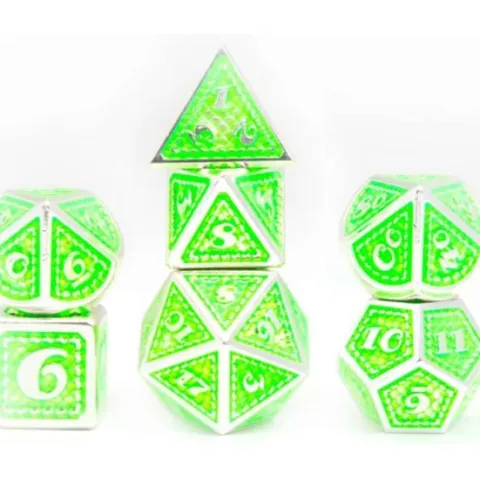Galactic Dice Premium Dice Sets - Green & Silver Metal Scales Set of 7 Dice with Tin